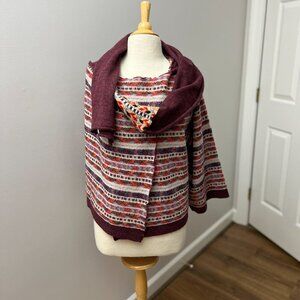 Anthropologie Moth Burgundy Multicolor Hooded Wrap Poncho Scarf Sweater